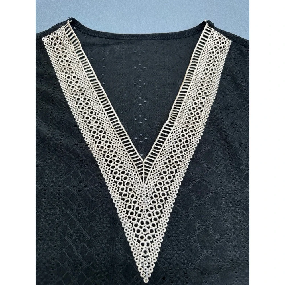 Shein Boho Black Eyelet Crochet Trim V-Neck Swim Cover Up Tunic Size Medium US 6